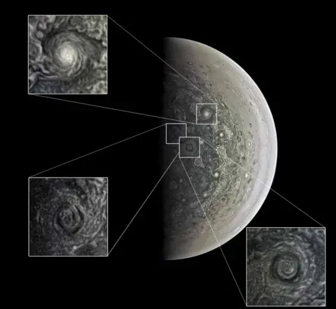 NASA/SwRI/MSSS/Roman Tkachenko JunoCam has revealed swirling cyclones at the poles (c) NASA/SwRI/MSSS/Roman Tkachenko