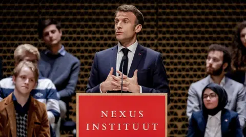 French President Emmanuel Macron delivers a speech in The Hague, Netherlands, 11 April 2023.