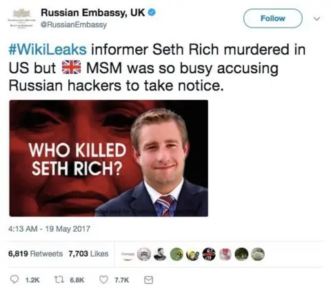 @RussianEmbassy Tweet from @RussianEmbassy reads, '#WikiLeaks informer Seth Rich murdered in US but (insert emoji of Union Jack) MSM was so busy accusing Russian hackers to take notice.' Photo underneath of Seth Rich