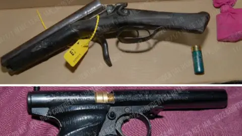 WEST MIDLANDS POLICE A sawn-off shotgun, converted pellet pistol and pink sock of ammunition