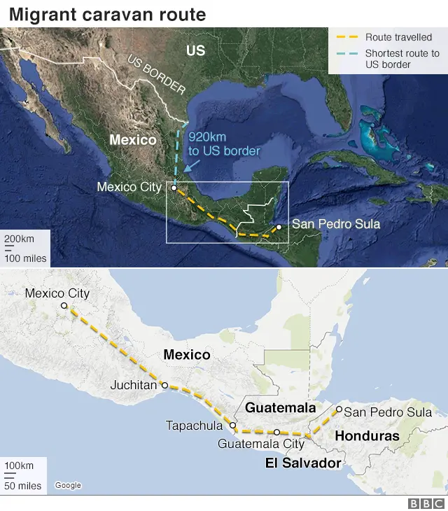 Map depicting the route of the migrant caravan