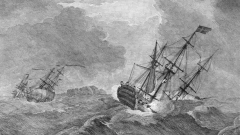 Alamy An engraving of the 1744 sinking of the Victory by artist Peter Monamy and engraver Pierre Charles Canot published in 1744/5