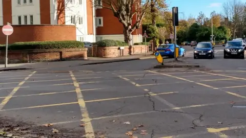 The yellow box junction of London Road and Eldon Road in Reading