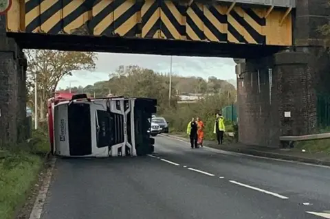 Supplied by resident Lorry under bridge in Melton Road, Tollerton