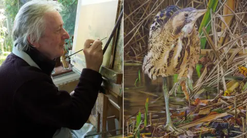 New Light/Robert Cook Robert Cook and his painting, Bog Bumper Emerging from the Moss (detail)