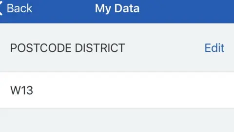 NHS postcode edit screen in "my data" on app