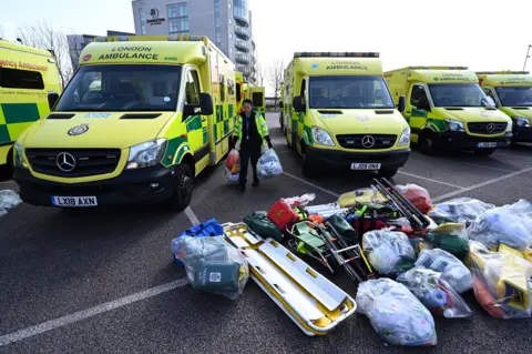 Getty Images Ambulances seen parked outside the NHS Nightingale Hospital