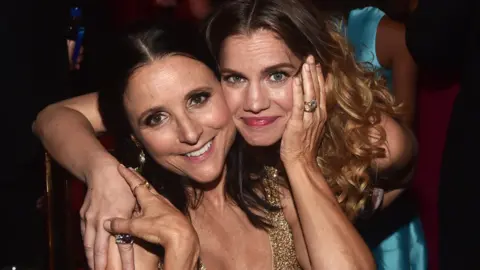 Getty Images Veep nominees Julia Louis-Dreyfus and Anna Chlumsky consoled each other at the Emmys Governors Ball