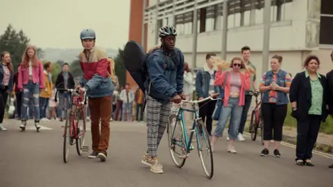 A scene from Sex Education filmed at Caerleon campus in Newport