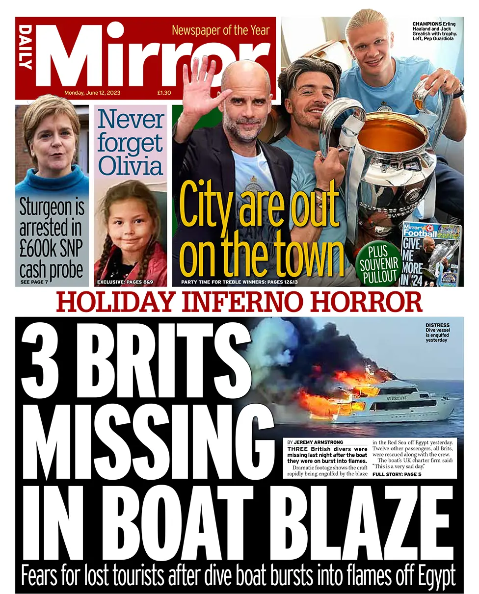 The headline in the Daily Mirror reads '3 Brits missing in boat blaze'