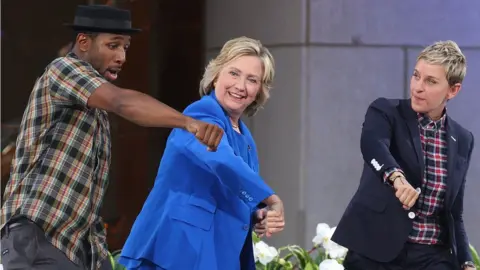 Getty Images DJ Stephen 'Twitch' Boss dancing with Hillary Clinton and Ellen DeGeneres on the show in 2015
