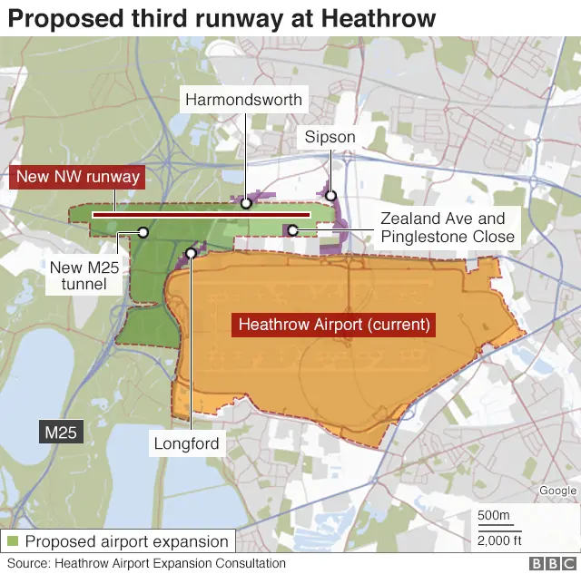 Map of Heathrow airport showing expansion area