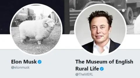 Twitter A picture of two Twitter profile pictures, on the left Elon Musk with a sheep as his picture, on the right the Museum of Rural English Life with Elon Musk as its picture.