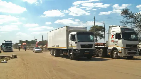 BBC Convoys of trucks queuing outside a border post in Zambia