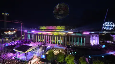 Getty Images Drones form a smiley face above St George's Hall during the National Lottery's Big Eurovision Welcome concert in Liverpool on 7 May 2023