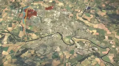 Herefordshire Council  Aerial view of Hereford with proposed routes