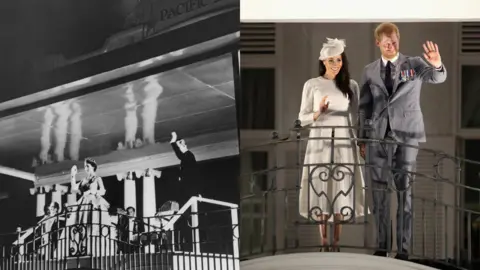 Getty Images/Reuters The Queen and Duke of Edinburgh waving from the balcony in 1953, and the modern royal couple in 2018