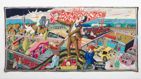 Grayson Perry A vibrant tapestry depicting a woman knelt in front of a suited man holding a microphone