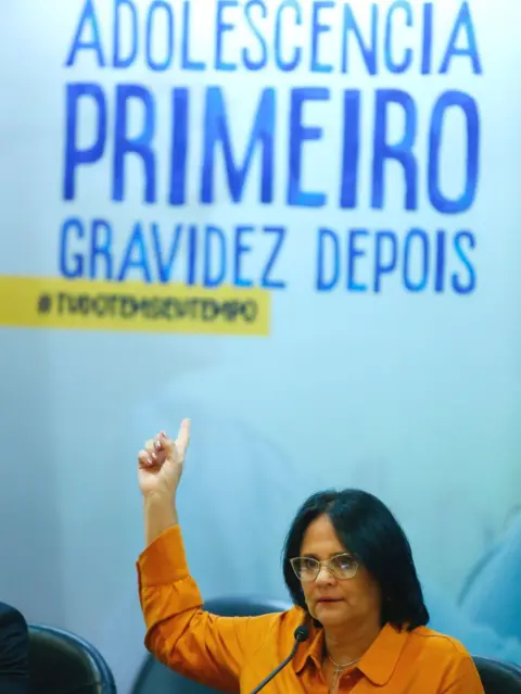 Getty Images Brazilian Minister of Human Rights and Family, Damares Alves, speaks during a press conference about how to prevent pregnancy in adolescents, at the Ministry of Health building, in Brasilia, 3 February 2020