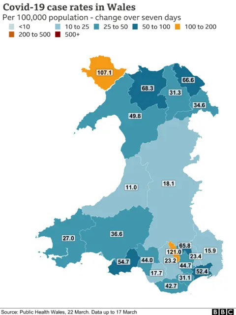 Map of case rates in Wales