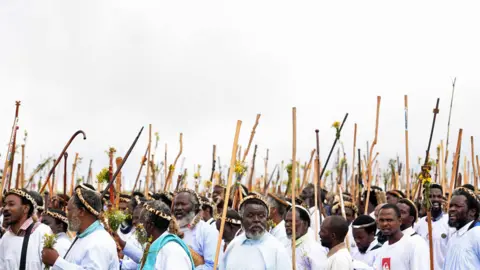 EPA Followers Nazareth Baptist Church pray on top of their holy mountain of Nhlongakazi, north of Durban, South Africa - Wednesday 9 January 2019
