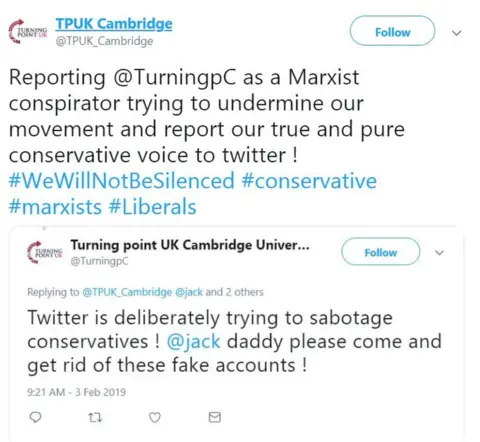 Twitter Tweets by rival TPUK Cambridge accounts denouncing the other as fake.