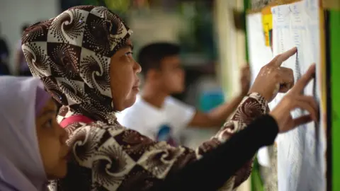 AFP Muslim women look for their names at a voting precinct in Maguindanao, on the southern island of Mindanao on January 21, 2019.
