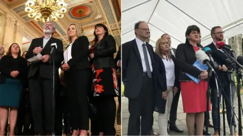 PAcemaker Sinn Fein delegation are pictured giving a press conference inside Stormont and a DUP delegation outside the building.