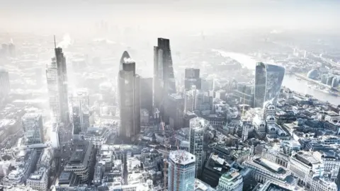 Jason Hawkes Bird's eye view of foggy London