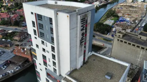 John Fairhall/BBC Aerial picture of The Mill tower in Ipswich