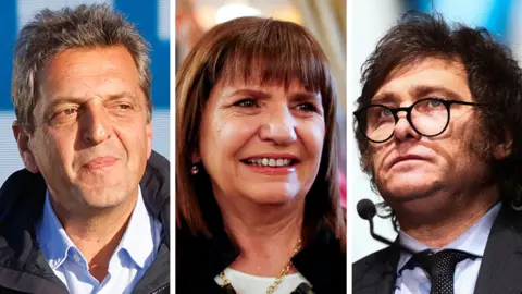 Composite picture of Argentine presidential candidates Sergio Massa, Patricia Bullrich and Javier Milei