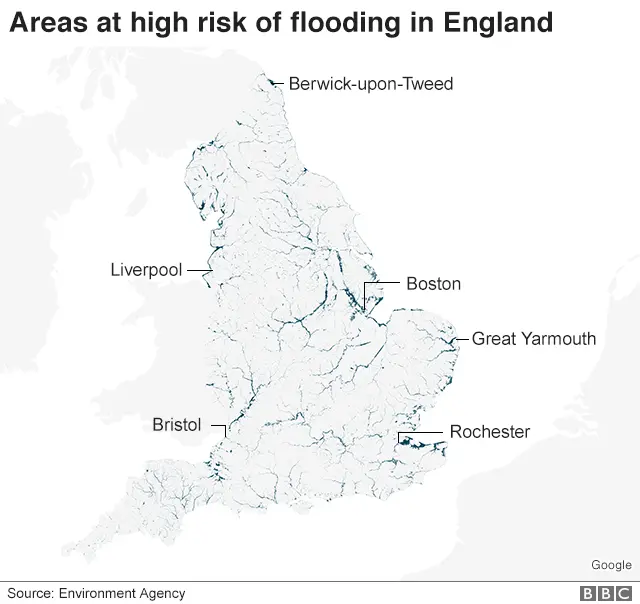 Map showing areas at high risk of flooding in England