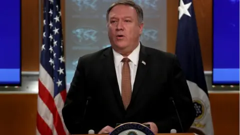 Getty Images Secretary of State Mike Pompeo answers questions at the US State Department