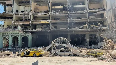 Part of the damage from the explosion at the hotel