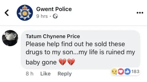 Facebook Carson's mother Tatum Chynene Price posted a comment on Facebook reading: "Please help find out he (sic) sold these drugs to my son... my life is ruined my baby gone (heartbreak emoji)"