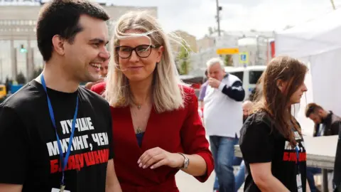 Getty Images Lyubov Sobol attends a rally in support of opposition and independent candidates after authorities refused to register them for September elections to the Moscow City Duma, on July 20, 2019 in Moscow, Russia