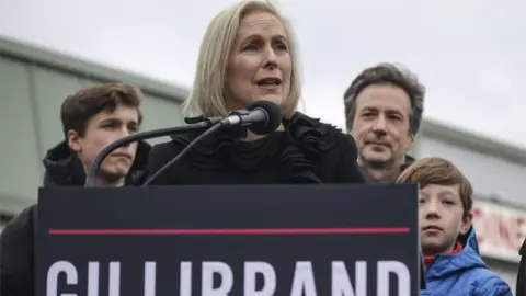 Getty Images Surrounded by her family, Sen. Kirsten Gillibrand (D-NY) announces that she will run for president in 2020 outside the Country View Diner, January 16, 2019 in Troy, New York