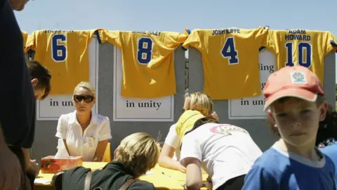 Getty Images The football jerseys of members of the Coogee Dolphins rugby league killed in the Bali bombings were displayed on 20 October 2002 in Sydney