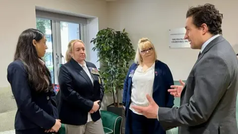 BBC Left to right: Natasha Victor, Vicky McLennan, and Sarah Mowat meet Johnny Mercer MP