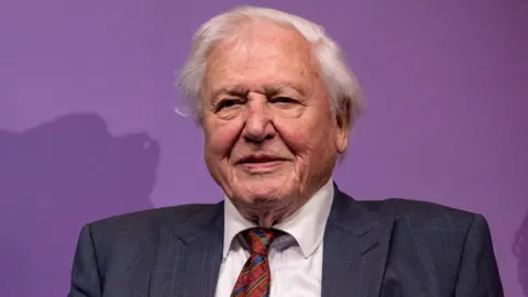 Getty Images Sir David Attenborough, an elderly man with white hair, is smiling. He is wearing a navy suit with a white shirt and a red tie.