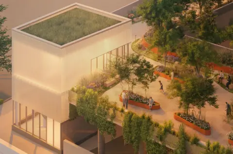 MawsonKerr and Baltic Centre for Contemporary Art A CGI image of a white structure surrounded by greenery. A white cube on one side has a grass patch on top and appears to be illuminated from the inside. A walkway on the right has orange flower beds dotted along it, while people sit and play on the structure.