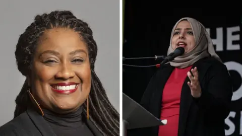 PA A split screen composite. The left image is of MP Bell Ribeiro-Addy, a black woman with braids, wearing flat orange earrings and dark red lipstick, smiling to camera. The right image is of MP Apsana Begum, who is mid-speech in front of a microphone and lecturn, wearing a red dress, black jacket and light brown headscarf.