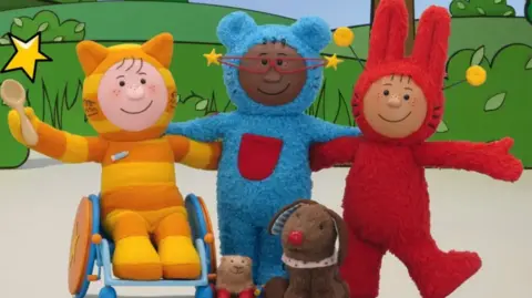 A photograph of the three characters in the MixMups stop motion animation series which airs on Channel 5.