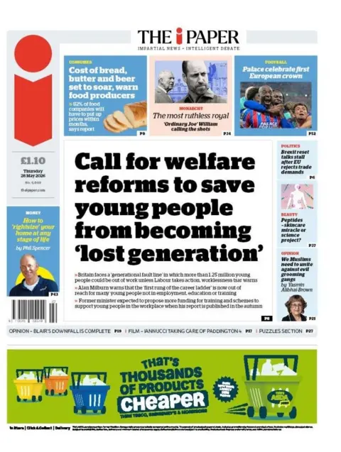 "Call for welfare reforms to save young people from becoming 'lost generation'," reads the headline on the front page of The i Paper.