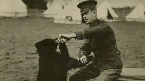 Lindsay Mattick A black and white photograph of Winnie the black bear cub. She has fuzzy dark fur. Lt Colebourn is wearing a military attire, sat leaning down to Winnie. He his holding one of Winnie's paws as she stands up to reach his other hand. They are in a muddy field with white tents in the background.