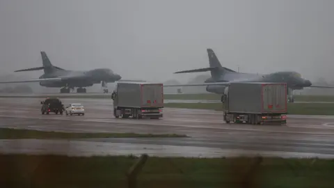 Reuters Two B-1 Lancer jets on the runway at RAF Fairfield