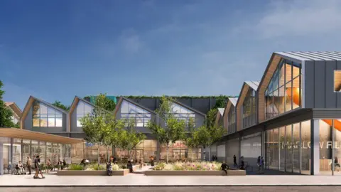 An artist's impression of the entrance hub to the proposed studio, showing modern two-storey glass-fronted buildings around a landscaped courtyard.