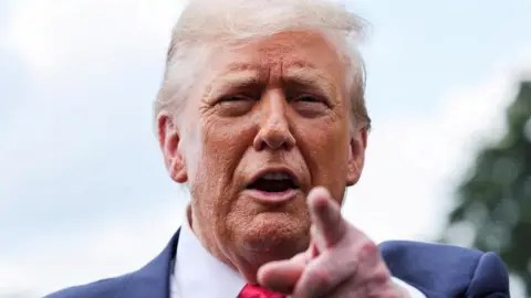 A close-up of President Donald Trump pointing a finger 