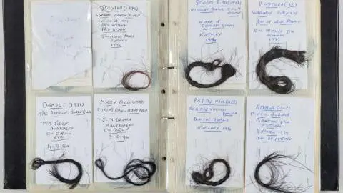 Graham Budd Auctions A scrapbook containing seven lockets of dark horse hair, much of it plaited. Each little pocket contains a locket of hair and a piece of paper, with the details of the horse it belonged to and the date it was cut on it.