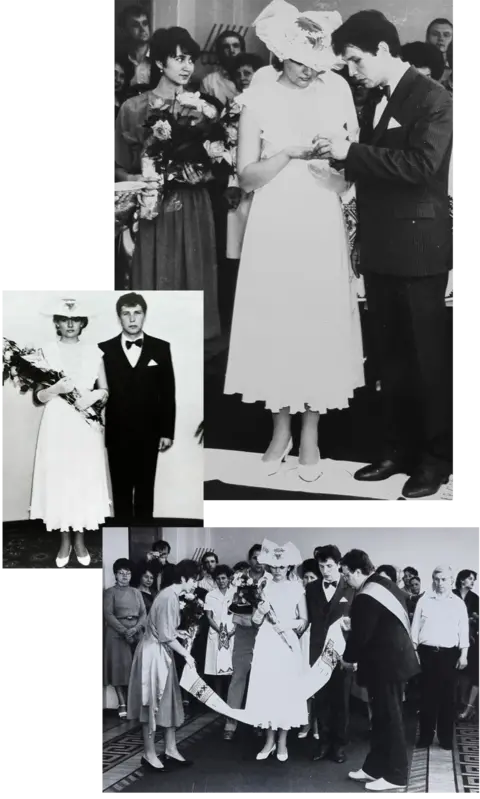 Supplied Collage of three images of Iryna and Serhiy's wedding day. In the first he is putting a ring on her finger and and they are both looking down at it. In the second, they are side-by-side and she is holding a bunch of tulips. The third shows two people laying an embroidered cloth in front of them, as part of of the wedding ceremony.